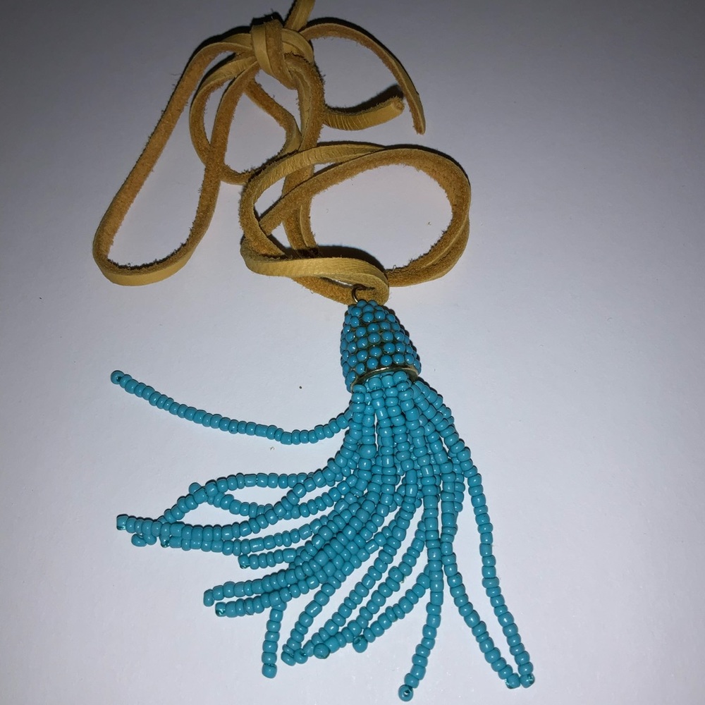 Necklace. Turquoise Glass Beads Tassel on Leather (Deer Skin) Cord.
